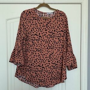 Ces Femme Dusty Rose Blouse with Black Leopard and Bell Sleeves, Size L